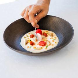 Mackerel with tomato textures and almond cream