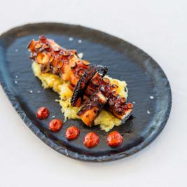 Roasted octopus on shredded cabbage and red pepper cream